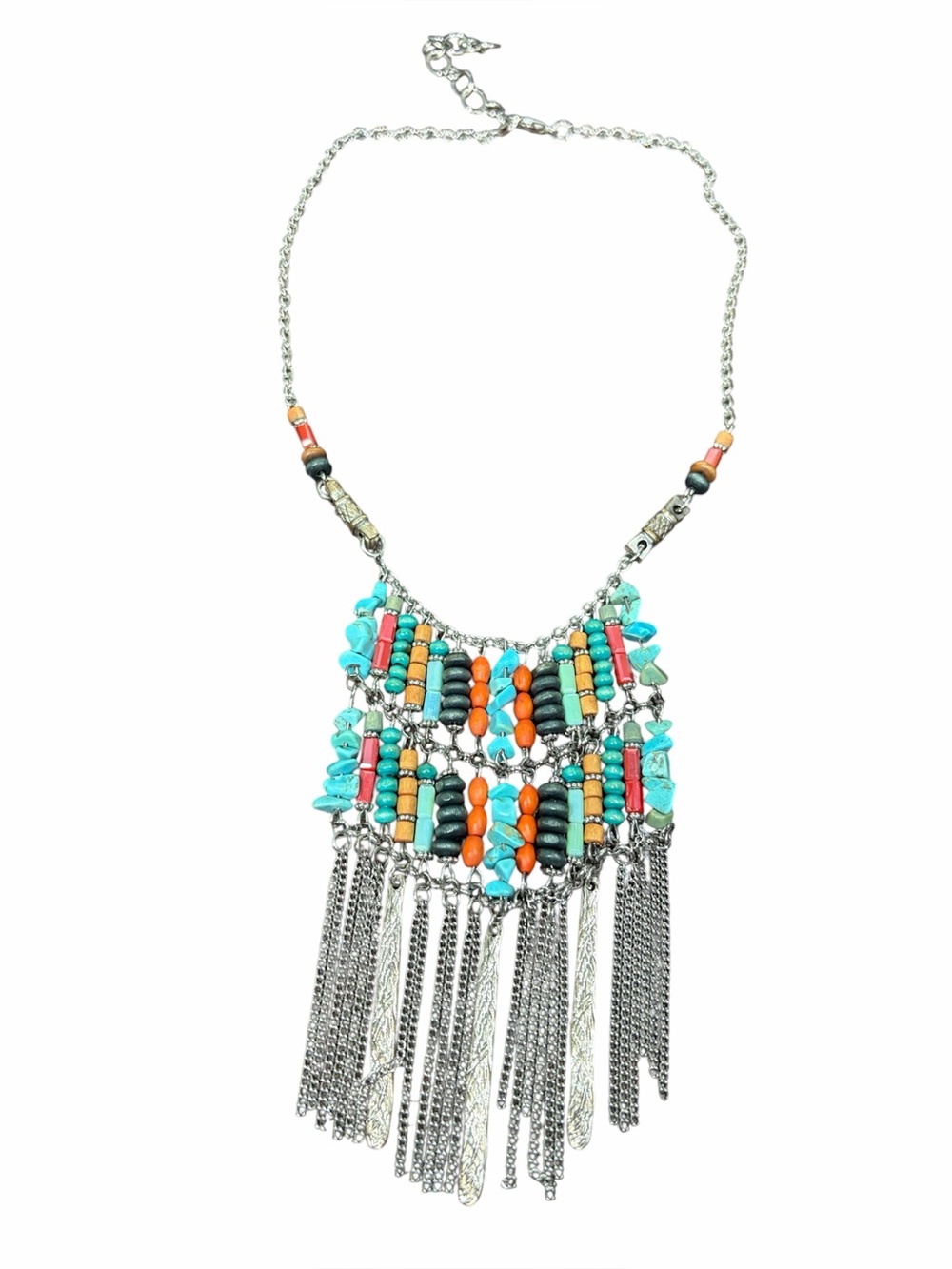 Boho Turquoise & Orange Beaded Fringe Silver Bib Necklace Statement Jewelry